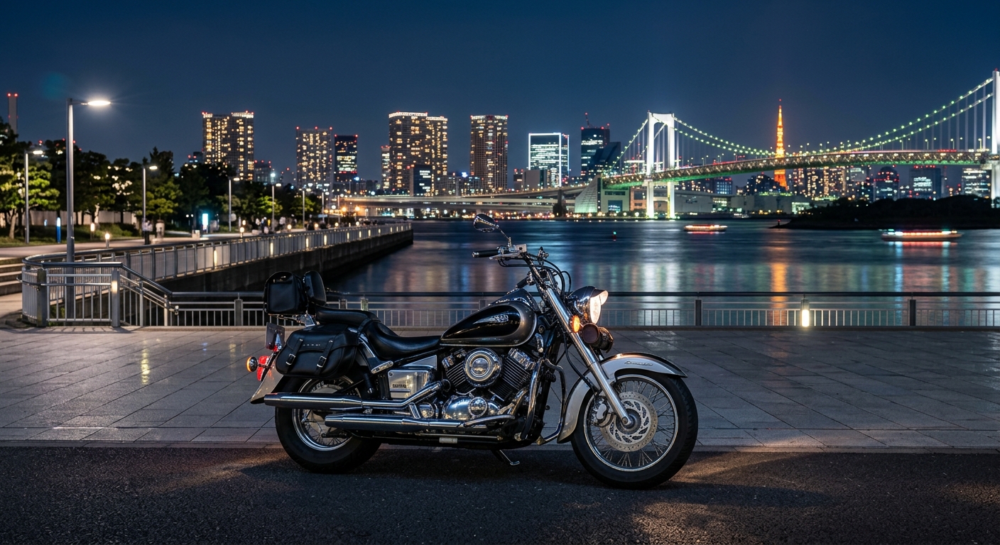 夜の東京湾岸エリアを背景に、カスタムされたドラッグスター250が停車している写真。街灯や建物の光が反射し、ナイトクルージングの雰囲気が伝わる。