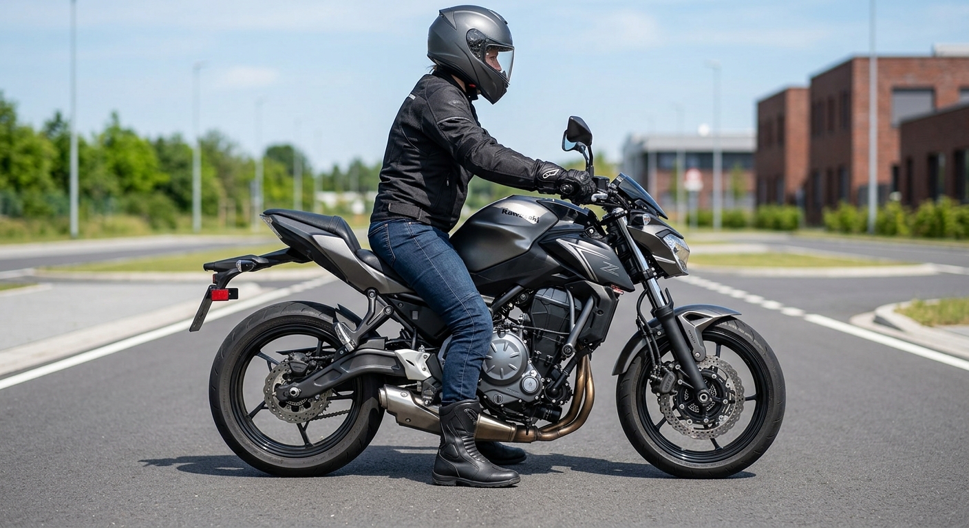 バイクにまたがった人物が両足を地面に着けている様子を真横から写した写真。足つきの良さが一目でわかる構図。