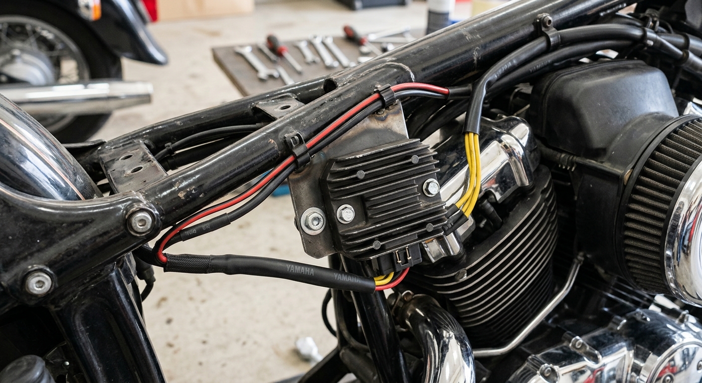 ドラッグスター250のレギュレーターが取り付けられている周辺をクローズアップで写した写真。配線や固定方法がわかるように撮影されている。