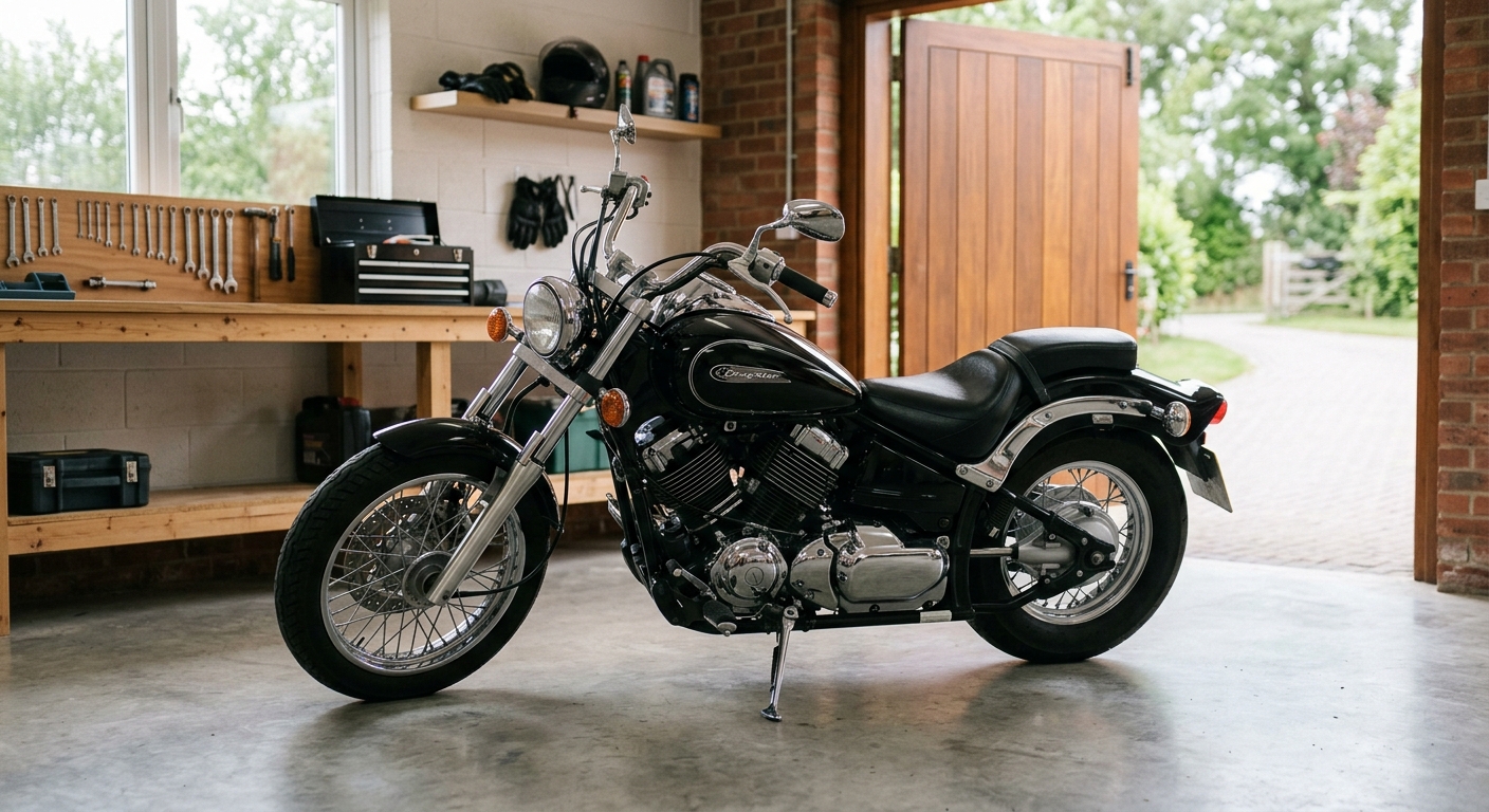 筆者の愛車であるヤマハ ドラッグスター250が、ガレージや屋外で停まっている様子。
