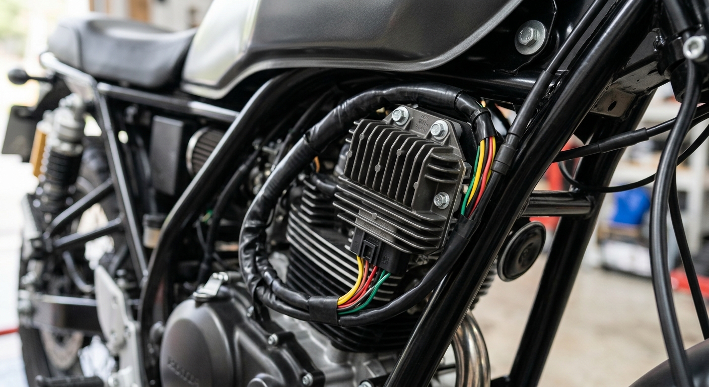 バイクのレギュレーター(レギュレートレクチファイア)本体が、配線に接続された状態で露出している様子。