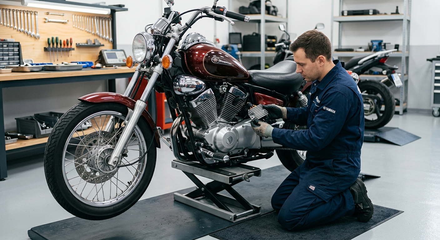 バイクショップの整備工場で、整備士がドラッグスター250のレギュレーター交換作業を行っている様子。