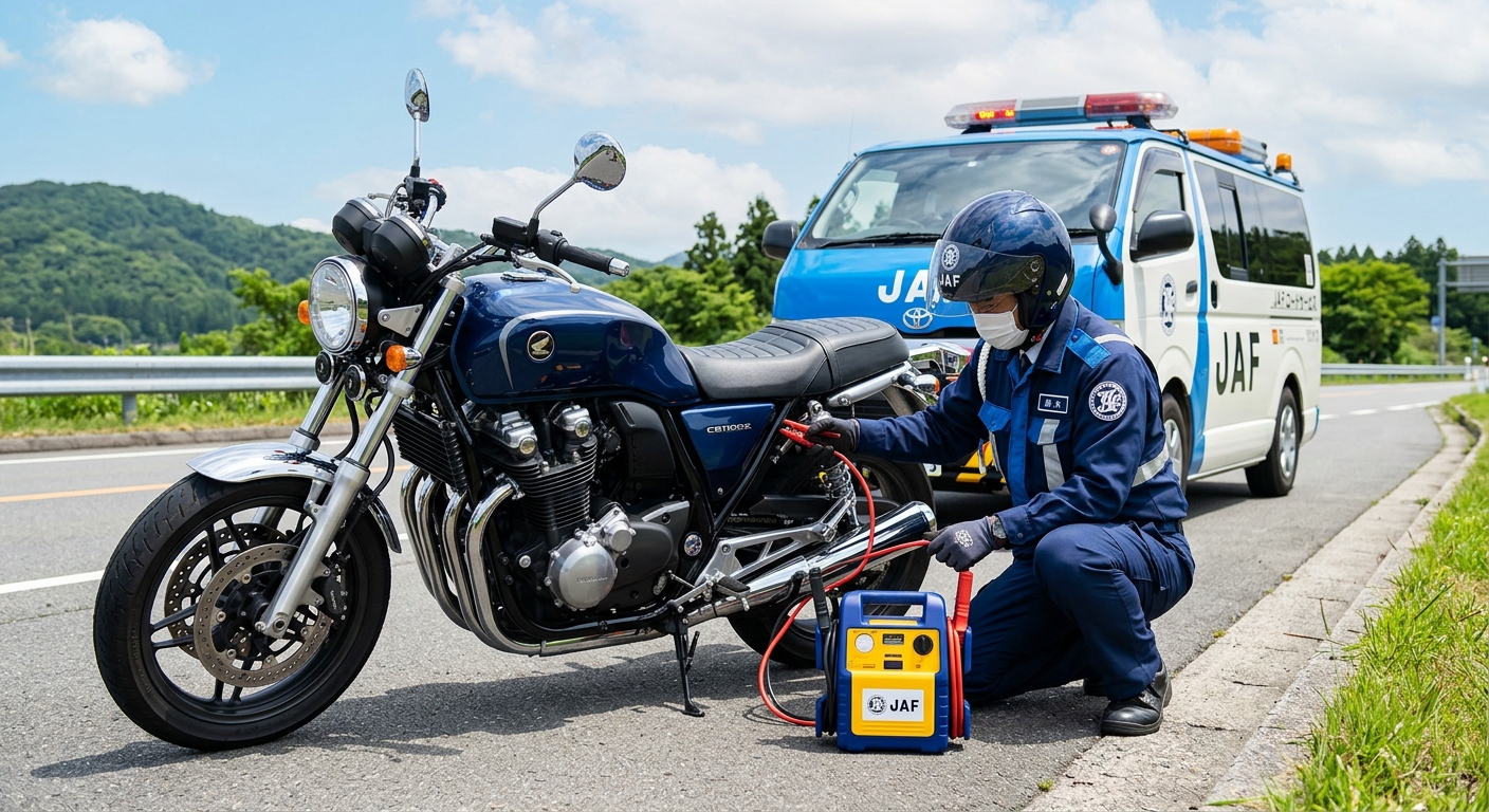 JAFのロードサービス隊員が、故障したバイクにジャンプスタートを行っている様子。