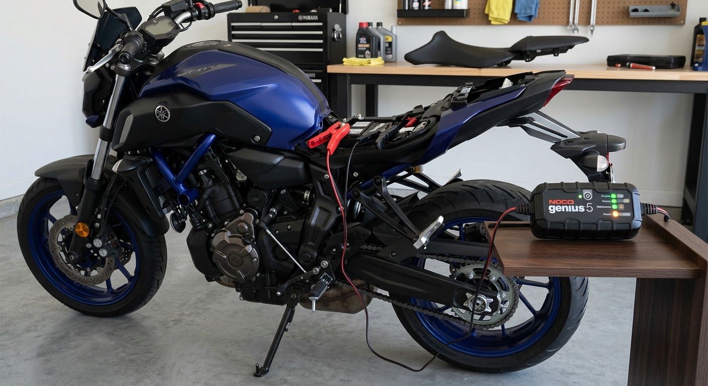 バイクにトリクル充電器が接続され、バッテリーが充電されている様子。